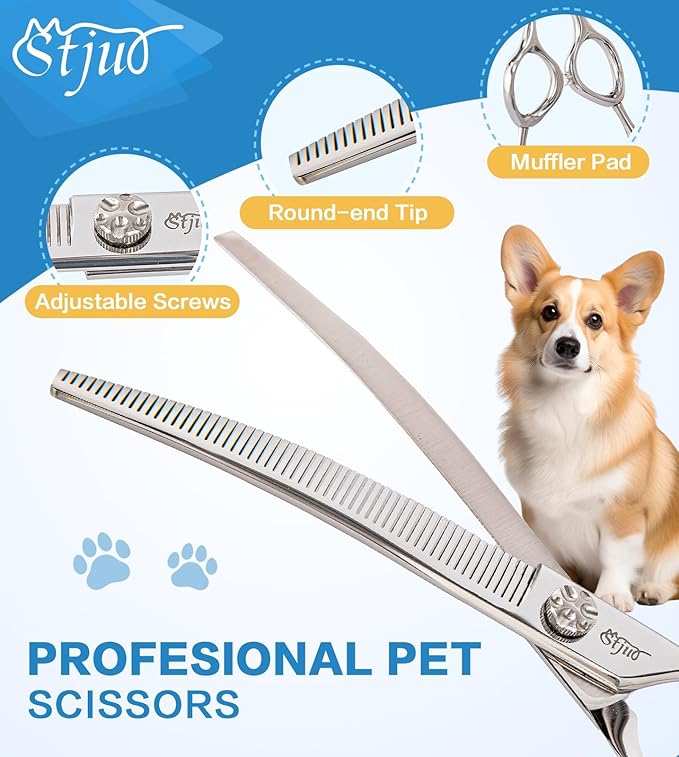 Stjuo Professional Dog Grooming Scissors, Japanese 440C Stainless Steel, 62 HRC Hardness (Curved Thinning, 7.5'')