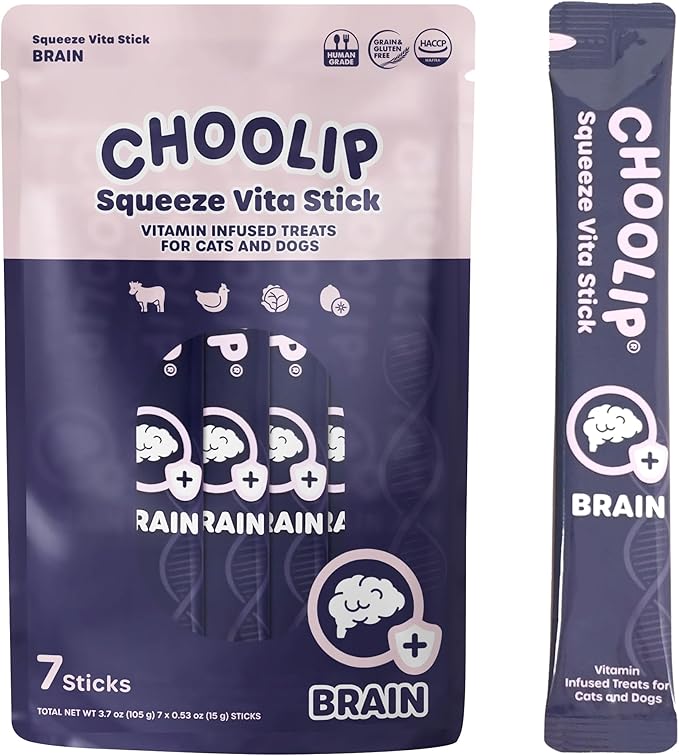 Choolip Squeeze Vita Stick Lickable Cat and Dog Treats, 7-Count Brain Support, Tuna and Chicken with DHA, CoQ10 and Vitamin E, Vet-Formulated