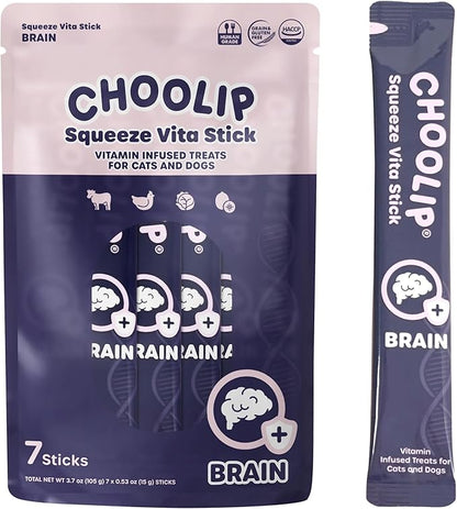 Choolip Squeeze Vita Stick Lickable Cat and Dog Treats, 7-Count Brain Support, Tuna and Chicken with DHA, CoQ10 and Vitamin E, Vet-Formulated