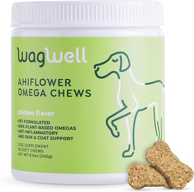 WagWell Ahiflower Omega Chews – Vet-Formulated, All Natural, Made in The USA – Skin, Coat, & Joint Chews for Dogs – Plant-Based Omega 3, 6 & 9 – Dog Fish Oil Alternative, Chicken-Flavored, 60 Chews