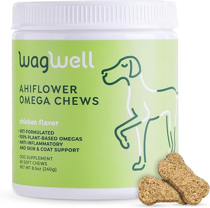 WagWell Ahiflower Omega Chews – Vet-Formulated, All Natural, Made in The USA – Skin, Coat, & Joint Chews for Dogs – Plant-Based Omega 3, 6 & 9 – Dog Fish Oil Alternative, Chicken-Flavored, 60 Chews