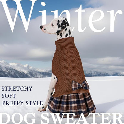 KYEESE Dog Sweater Pullover Dog Sweaters for Large Dogs Soft Turtleneck Pet Sweater Dress with Bowtie Stretchy Knitwear Pets Sweaters Thick Dogs Clothes Warm Comfy Pet Coats, Brown, XXX-Large
