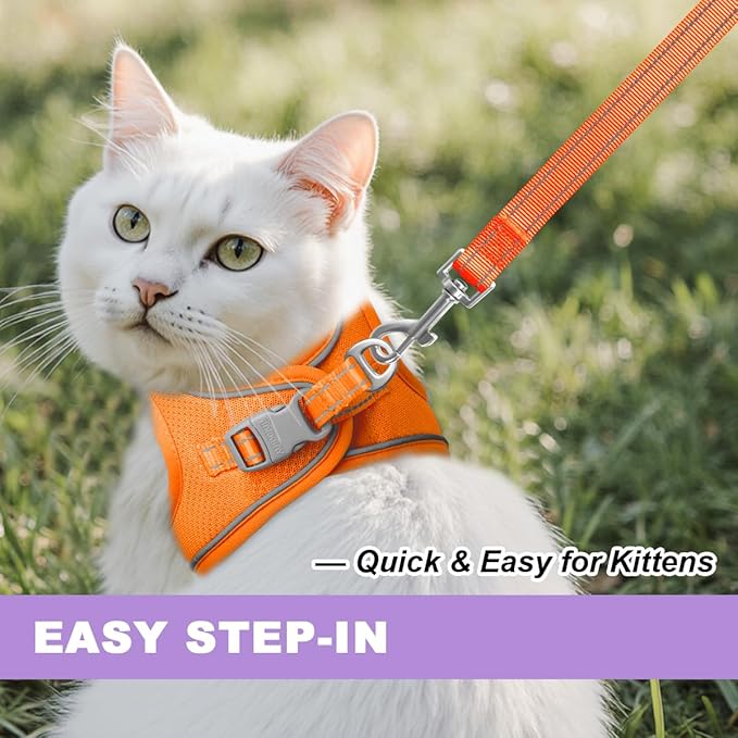 Cat Harness and Leash Set,Escape Proof Kitten Harness,Step in Adjustable Soft Lightweight,Easy Control,Reflective Strips Comfortable for Walking Travel(Orange,XXXS)