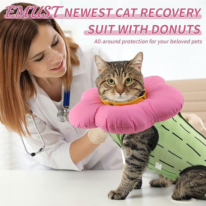 EMUST Cat Recovery Suit and Cat Surgery Suit, Cats Surgical Suit for Abdominal Wounds, Soft & Adjustable Flower Cats Cone Collar, After Surgery for Female Kittens Under 4lb(Green, S)