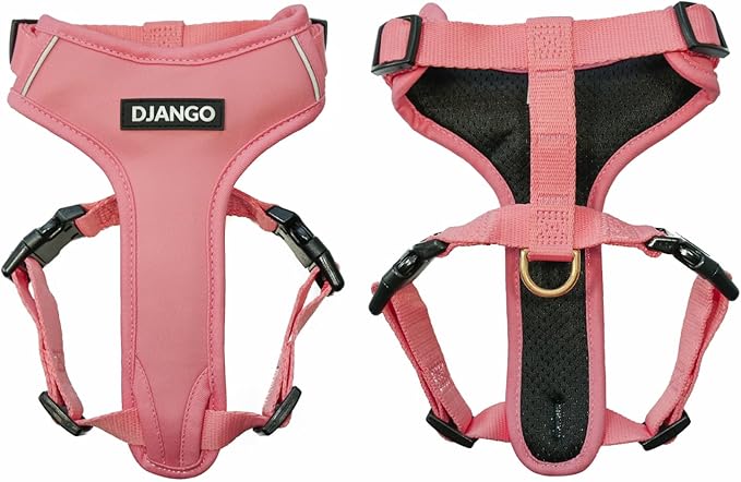 DJANGO Adventure Dog Harness - Stylish, and Durable Small Dog Harness for Outdoor Adventures and Everyday Wear - Quartz Pink Neoprene Adjustable Harness for Dogs with Reflective Piping, Brass D-Ring