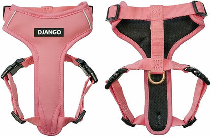 DJANGO Adventure Dog Harness - Stylish, and Durable Small Dog Harness for Outdoor Adventures and Everyday Wear - Quartz Pink Neoprene Adjustable Harness for Dogs with Reflective Piping, Brass D-Ring