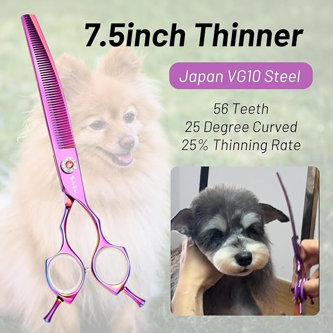 7.5in 25 Degree Curved Scissors for Dog Grooming Chunkers, Professional Dog Grooming Scissors Blender, VG10 Steel Sharp Blades, 56 Teeth High-end Pet Thinning Shears for Dogs Cats, 25% Thinning Rate