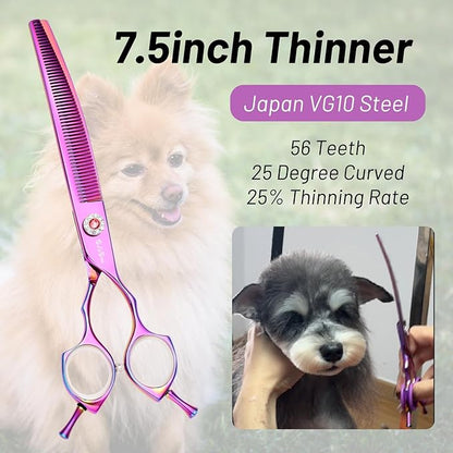 7.5in 25 Degree Curved Scissors for Dog Grooming Chunkers, Professional Dog Grooming Scissors Blender, VG10 Steel Sharp Blades, 56 Teeth High-end Pet Thinning Shears for Dogs Cats, 25% Thinning Rate