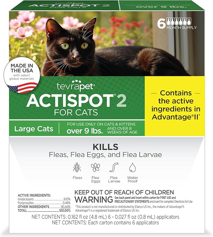 TevraPet Actispot II Flea Treatment for Large Cats 9+ lbs | 6 Doses | Powerful Prevention and Control