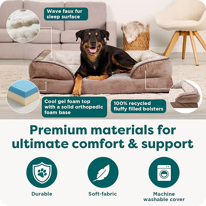 FurHaven Cooling Gel Dog Bed for Large Dogs, Perfect Comfort Sofa Bed, Cool Gel-Top Foam & Solid Orthopedic Foam Base for Joint Support, Removable Washable Cover, Jumbo XL, Plush & Velvet, Brownstone