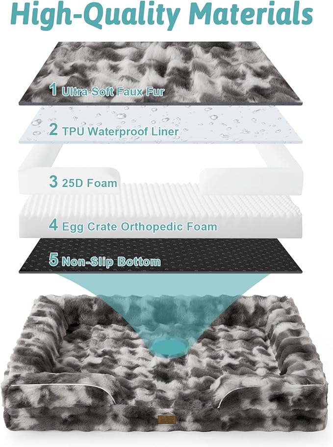 COZY KISS Orthopedic Dog Bed for Large Size Dog, Soft Warm Faux Fur Extra Large Sofa for Pet Up to 100 lbs, Foam Bolster Anti-Slip Couch with Washable Removable Cover, XL 44x32x7 inch, Tie Dye Grey