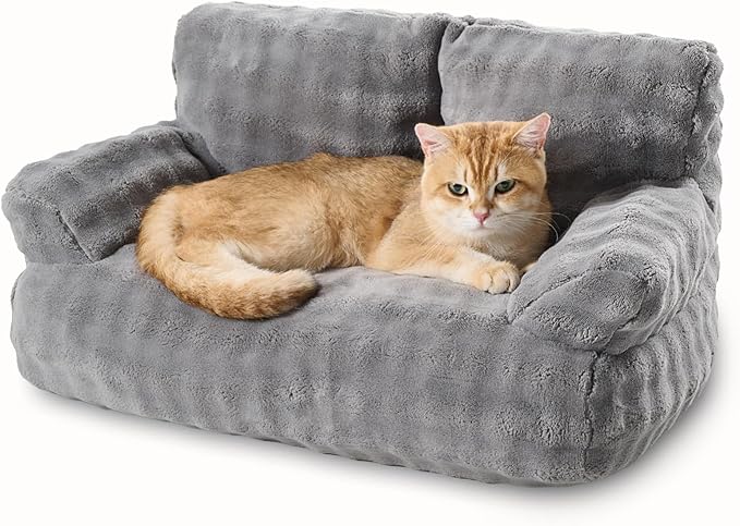 Yaning Cat Couch Bed, Cute Soft Pet Sofa for Indoor Cats Kittens Puppies with Removable Washable Cover, 26"x15", Grey