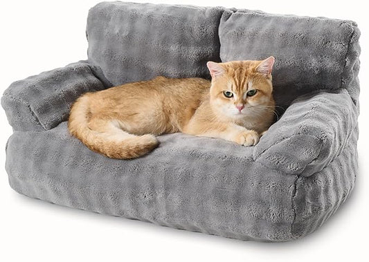 Yaning Cat Couch Bed, Cute Soft Pet Sofa for Indoor Cats Kittens Puppies with Removable Washable Cover, 26"x15", Grey