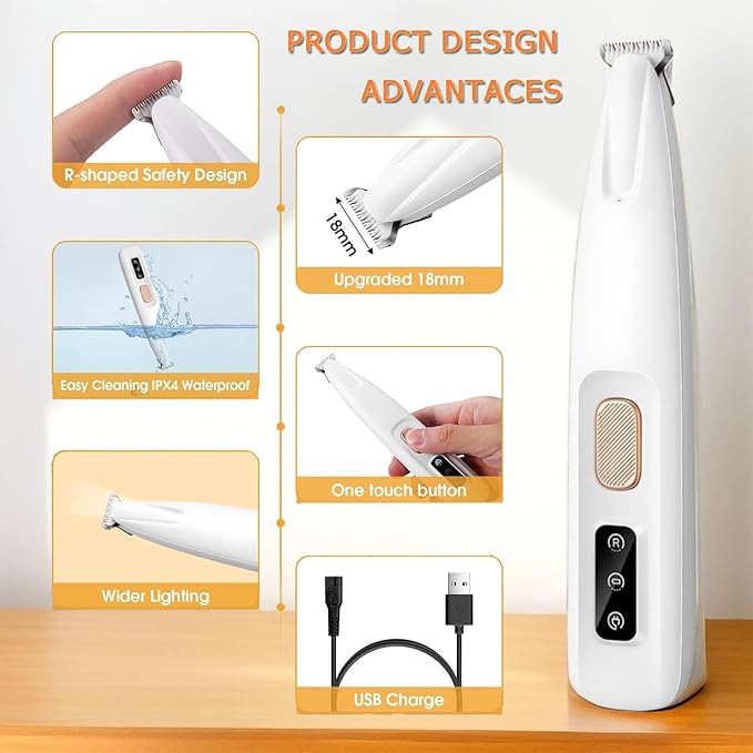 1PC Dog Paw Trimmer with LED Light,35dB Low Noise Precision Pet Paw Trimmer for Dogs Cats Grooming Clippers,Safety Electric Paw Hair Trimmer for Paws,Ears,Rump,Face,Eyes,Dog