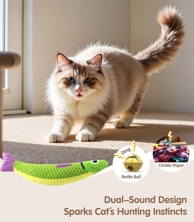 PetBusy Cat Toys with[5000mg A+Natural Catnip &Silvervine] [Baby Grade] Interactive Soft Chew Kicker Cat Toys for Indoor Cats & Kittens, [Crinkle &Bell] Fish Sound Toy, Drives Bored Cat Crazy with Fun