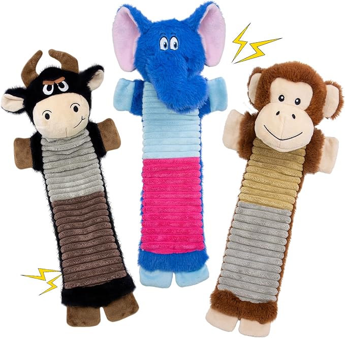 MeetYooo 3 Pack No Stuffing Dog Squeaky Toys, Dog Chew Toys with Crinkle and Squeaker, Cute Animal PlushToys to Keep Them Busy, Suitable for Large, Medium and Small Breeds （Elephant&Monkey&Cattle