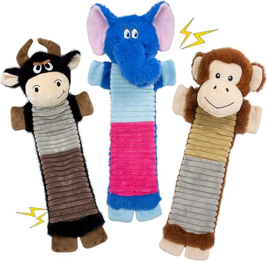 MeetYooo 3 Pack No Stuffing Dog Squeaky Toys, Dog Chew Toys with Crinkle and Squeaker, Cute Animal PlushToys to Keep Them Busy, Suitable for Large, Medium and Small Breeds （Elephant&Monkey&Cattle