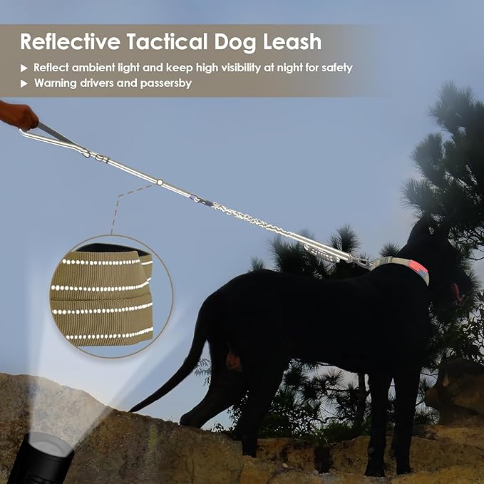 AUBELL Tactical Dog Leash Heavy Duty,4-6ft Reflective Strong No Pull Bungee Leash for Medium Large Dogs with Comfortable Padded Double Handle,Car Seat Belt,360 Degree Rotating Carabiner,Brown