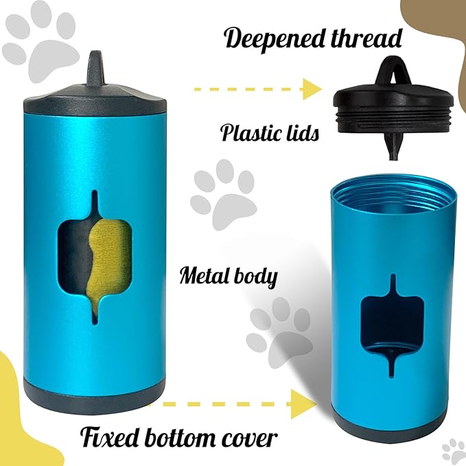 Metal Dog Poop Bag Holder w/Leash Clip|Durable Scratch-Resistant Aluminum|15 Bags+3 Accessories(Blue)