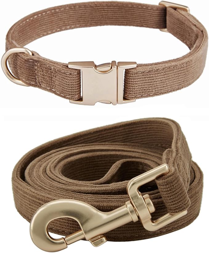 Ewinoom Soft Corduroy Dog Collar and Leash Set Adjustable Durable Dog Collars with Metal Buckle and Lead for Small Dogs,Brown