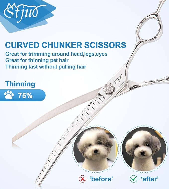 Stjuo Professional Dog Grooming Scissors, Japanese 440C Stainless Steel, 62 HRC Hardness (Curved Chunker, 7.5'')