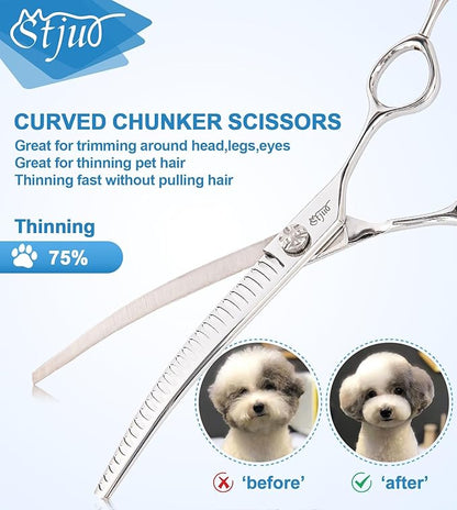 Stjuo Professional Dog Grooming Scissors, Japanese 440C Stainless Steel, 62 HRC Hardness (Curved Chunker, 7.5'')