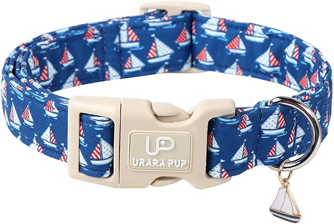 UP URARA PUP USA Flag Dog Collar, 4th of July Comfortable Cotton Dog Collars, American Flag Collar for Medium Girl Boy Dogs, Patriotic Collars with Sailboats Pattern