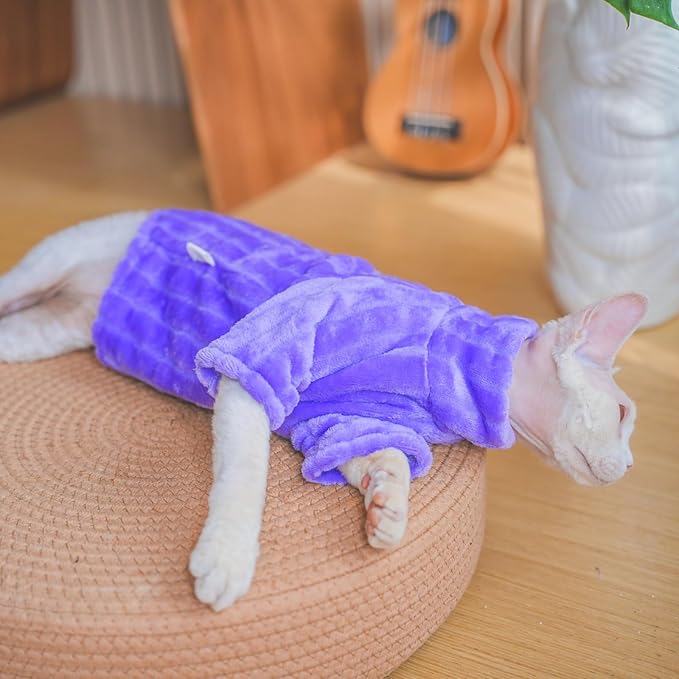Turtleneck Sweater for Sphynx Cat Soft Coral Fleece Cat Clothes Thick Winter Warm Outfit Coat for Hairless Cats and Small Dogs Apparel with Sleeves (Purple, M (5-7 lbs))