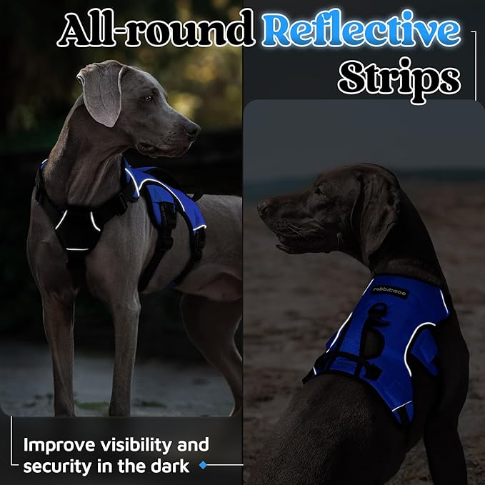 rabbitgoo Escape Proof Dog Harness, Soft Padded Full Body Pet Harness, Reflective Adjustable No Pull Vest with Lift Handle and Leash Clip for Large Dogs Walking Hiking Training, L, Blue