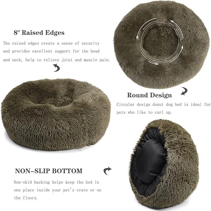 Calming Donut Dogs Beds for Small Dogs Washable,23inch Plush Round Pet Bed for Cozy Sleep,Fluffy Faux Fur Large Cat Bed,Fits up to 25 lbs Pets,Army Green