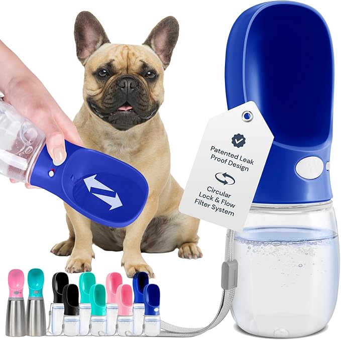 MalsiPree Dog Water Bottle - 12 oz, Navy Blue - Leakproof Pet Water Dispenser - One-Hand Operation & Portable Dog Bowl - Travel Ready for Hiking & Travel Pet Bowl