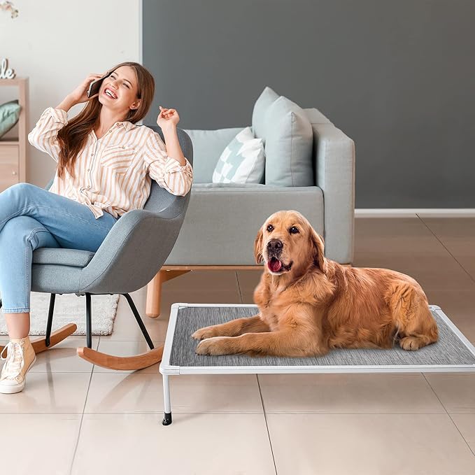 Veehoo Chewproof Elevated Dog Bed - Cooling Raised Pet Cot, Breathable Mesh, Washable & Non-Slip for large Dogs, Indoor/Outdoor, Black Silver Mat and Silver Metal Frame, 42x30inches (Model CWC2203B03)