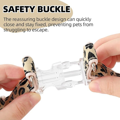 Mile High Life Leopard Dog Harness Collar Leash Set, Adjustable No Pull Dog Halter Harness for Small Breed Dogs, Easy Control for Training Walking (Beige, M Chest 15"-21", Neck 13"-17")