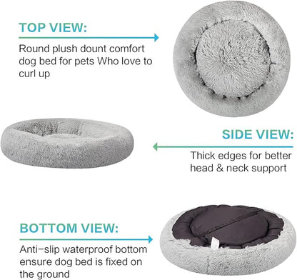 SAVFOX Plush Calming Donut Dog Beds for Small Dogs, Medium, Large & X-Large Breeds, Comfy Cuddler Dog Bed and Cat Bed in Faux Fur, Washable, Multiple Sizes S-XXL