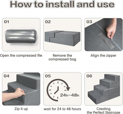 PawComfort 4-Step Pet Stairs, 18 Inch High Dog Steps for Bed, Grey Non-Slip Indoor Ramp for Small Dogs and Cats