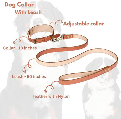 Lightnpro Tan Leather Dog Collar & Leash Set - 18" Adjustable Leather Nylon Collar with Metal Buckle & 50" Durable Lead - Comfortable, Stylish Combo for German Shepherds,Bernards & Other Large Breeds