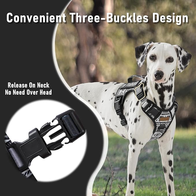 Tactical Dog Harness for Medium Large Dogs, No Pull Pet Harness with 2 Leash Clips, Adjustable Soft Padded Dog Vest, Reflective Pet Oxford Vest with Easy Control Handle, Black Ethnic M