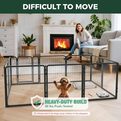 FXW Acrylic & Wire Mesh Indoor Dog Playpen, Heavy Duty 24 Inch 10 Panels Metal Dog Pen for Puppy and Small Dogs, Black│Patented