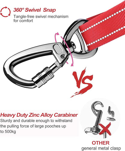 AUBELL Dog Seat Belt for Car,2 Pack Set 3-in-1 Adjustable Reflective Bungee Heavy Duty Dog Car Harness Tether with Clip Hook Latch & Buckle,Swivel Zinc Alloy Carabiner,Black+Red