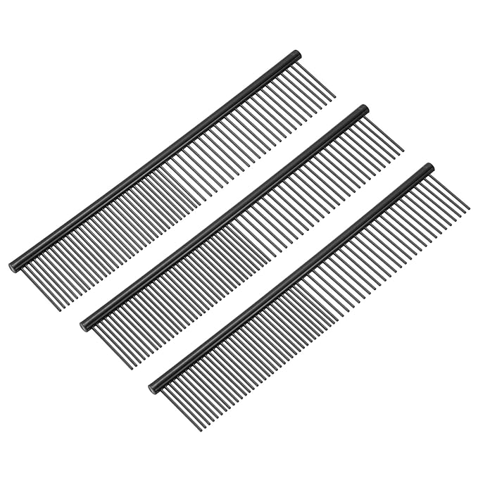 PETAXCELL Dog Cat Comb, Pet Combs Stainless Steel Teeth with Rounded Ends for Knots Mats Loose Hair Removal, 7.5IN (Black Coated, 3 Pack), Grooming Tool Intended for Long Curly Hair Pet