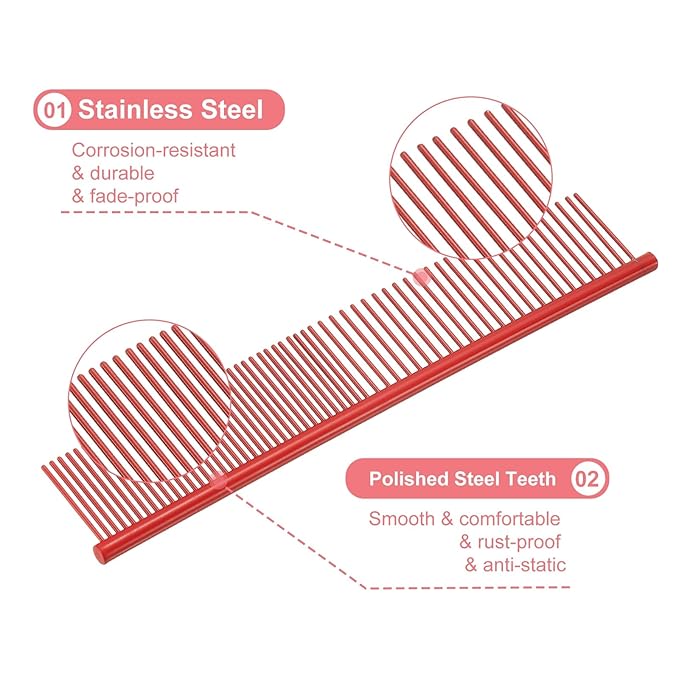 PETAXCELL Dog Cat Comb, Pet Combs Stainless Steel Teeth with Rounded Ends for Knots Mats Loose Hair Removal, 7.5IN (Red Coated, 3 Pack), Grooming Tool Intended for Long Curly Hair Pet