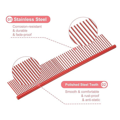 PETAXCELL Dog Cat Comb, Pet Combs Stainless Steel Teeth with Rounded Ends for Knots Mats Loose Hair Removal, 7.5IN (Red Coated, 3 Pack), Grooming Tool Intended for Long Curly Hair Pet