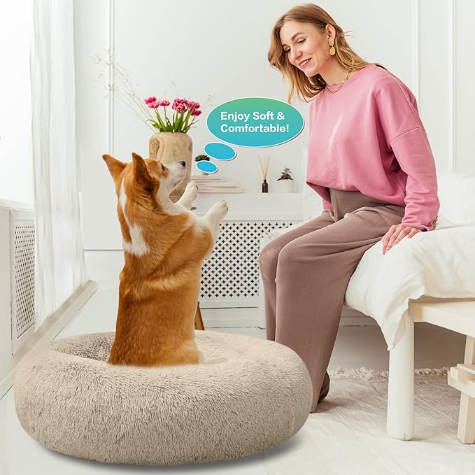 SAVFOX Plush Calming Dog Beds, Donut Dog Bed for Small Dogs, Medium, Large & X-Large, Comfy Cuddler Dog Bed and Cat Bed in Faux Fur, Washable Dog Bed, Multiple Sizes XS-XXL