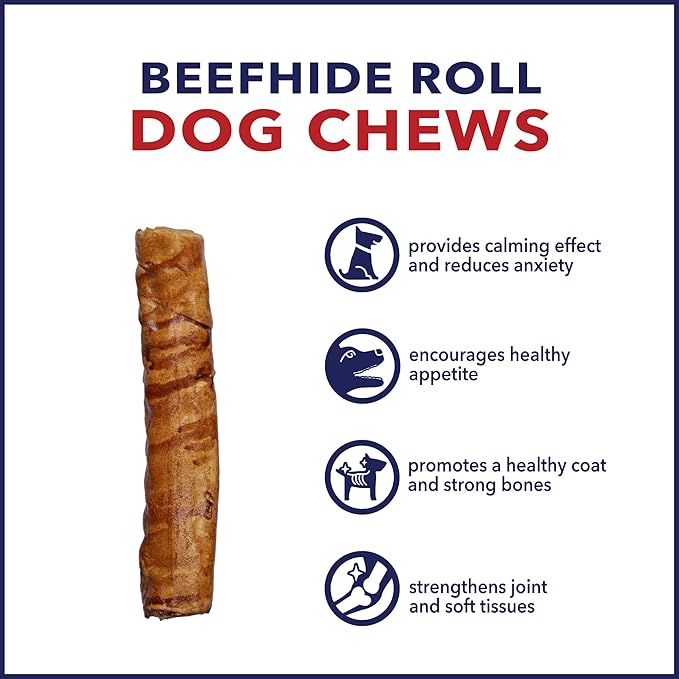 Pet Factory 100% Made in USA Beefhide 8" Rolls Dog Chew Treats - Peanut Butter Flavor, 10 Count/1 Pack