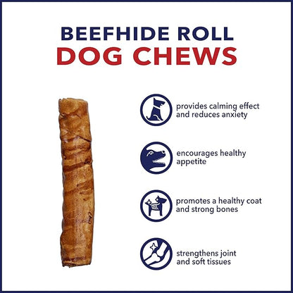 Pet Factory 100% Made in USA Beefhide 8" Rolls Dog Chew Treats - Peanut Butter Flavor, 10 Count/1 Pack