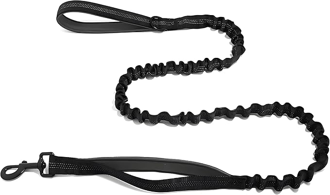 Bungee Dog Leash with Shock Absorption, Dual Handles for Pull Control, Reflective Nylon, Zinc Alloy Hook, D-Ring for Poop Bags, Black, M