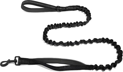 Bungee Dog Leash with Shock Absorption, Dual Handles for Pull Control, Reflective Nylon, Zinc Alloy Hook, D-Ring for Poop Bags, Black, M