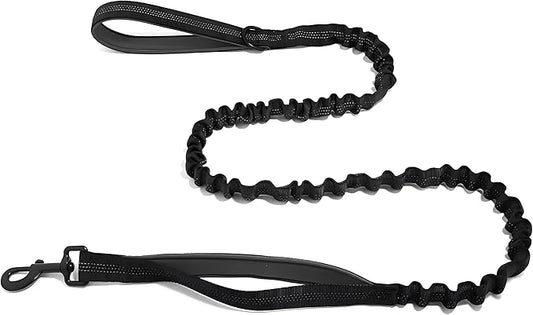 Bungee Dog Leash with Shock Absorption, Dual Handles for Pull Control, Reflective Nylon, Zinc Alloy Hook, D-Ring for Poop Bags, Black, L