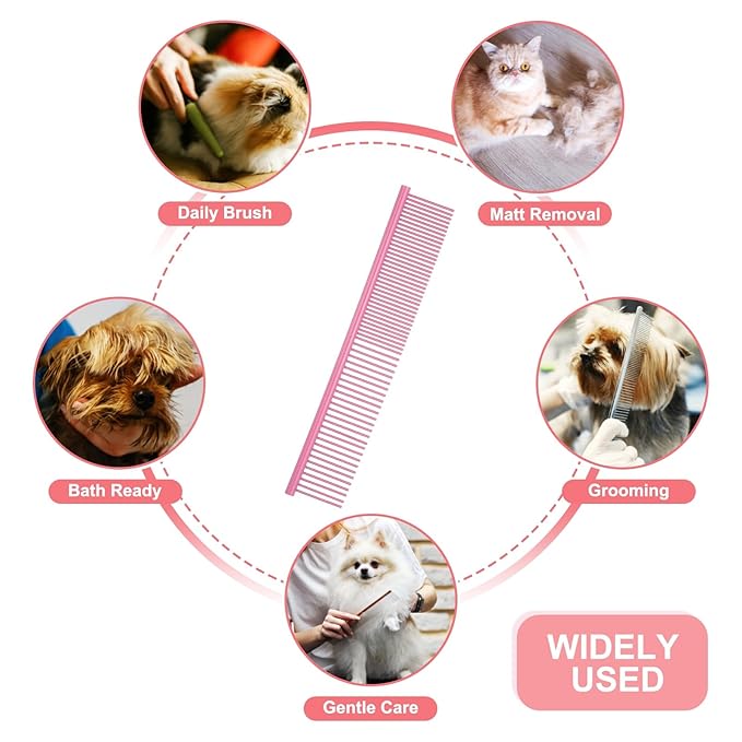 PETAXCELL Dog Cat Comb, Pet Combs Stainless Steel Teeth with Rounded Ends for Knots Mats Loose Hair Removal, 7.5IN (Pink Coated, 3 Pack), Grooming Tool Intended for Long Curly Hair Pet