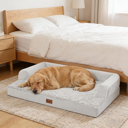 Casa Paw Orthopedic Dog Beds for Extra Large Dogs, Waterproof Egg Crate Foam XL Dog Bed with Sides 41x27Inch, Washable Big Dogs Couch Beds with Removable Cover and Nonskid Bottom, Grey White